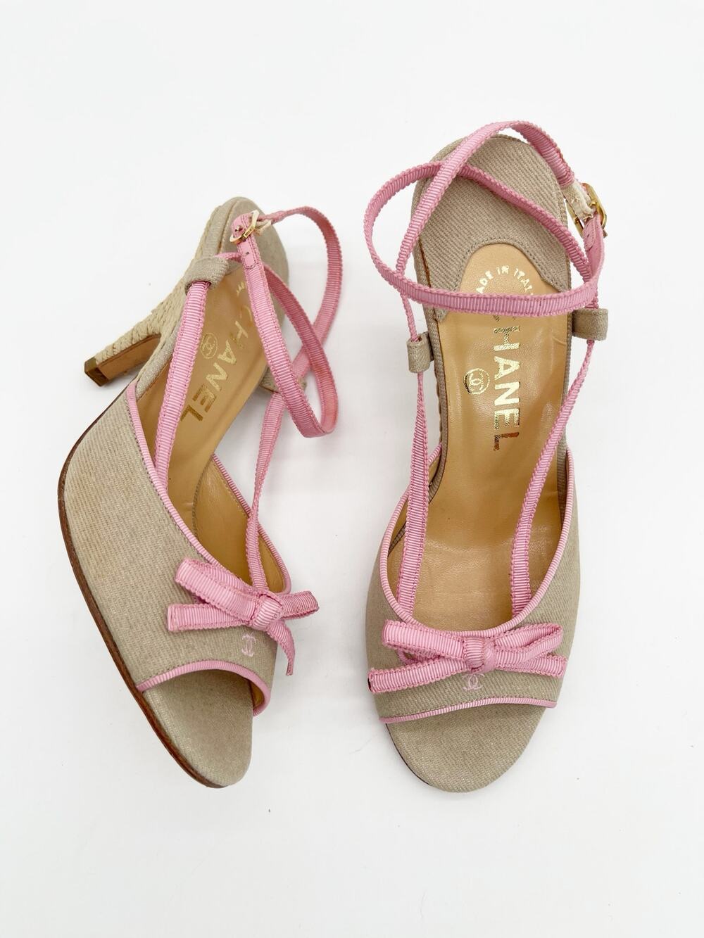 Chanel Vintage Beige Canvas Pink Grosgrain CC Bow Strappy Sandals Heels EU 36